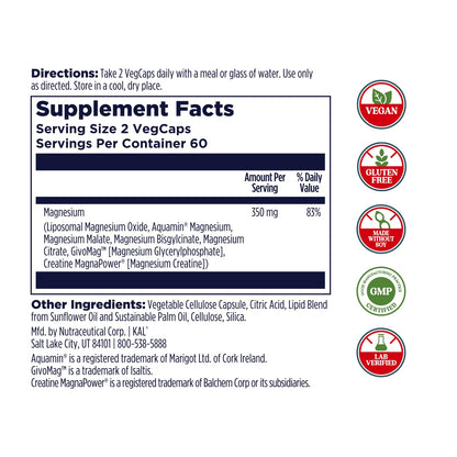 KAL Magnesium Complex 7 - Total Complex with Magnesium Glycinate, Citrate, Malate and More - Relaxation and Whole Body Support Supplements - Vegan, 60-Day Guarantee - 60 Servings - 120 VegCaps - dailyvitalstore