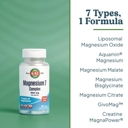 KAL Magnesium Complex 7 - Total Complex with Magnesium Glycinate, Citrate, Malate and More - Relaxation and Whole Body Support Supplements - Vegan, 60-Day Guarantee - 60 Servings - 120 VegCaps - dailyvitalstore