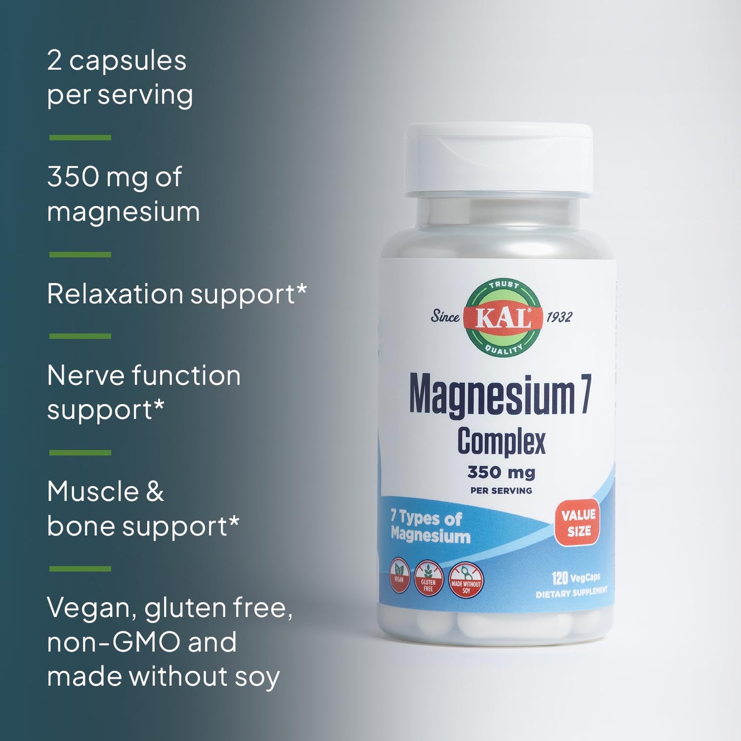 KAL Magnesium Complex 7 - Total Complex with Magnesium Glycinate, Citrate, Malate and More - Relaxation and Whole Body Support Supplements - Vegan, 60-Day Guarantee - 60 Servings - 120 VegCaps - dailyvitalstore