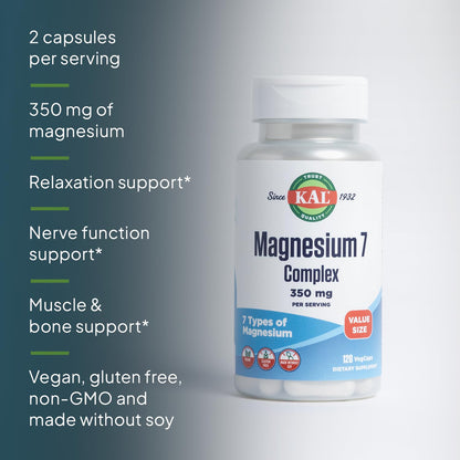 KAL Magnesium Complex 7 - Total Complex with Magnesium Glycinate, Citrate, Malate and More - Relaxation and Whole Body Support Supplements - Vegan, 60-Day Guarantee - 60 Servings - 120 VegCaps - dailyvitalstore