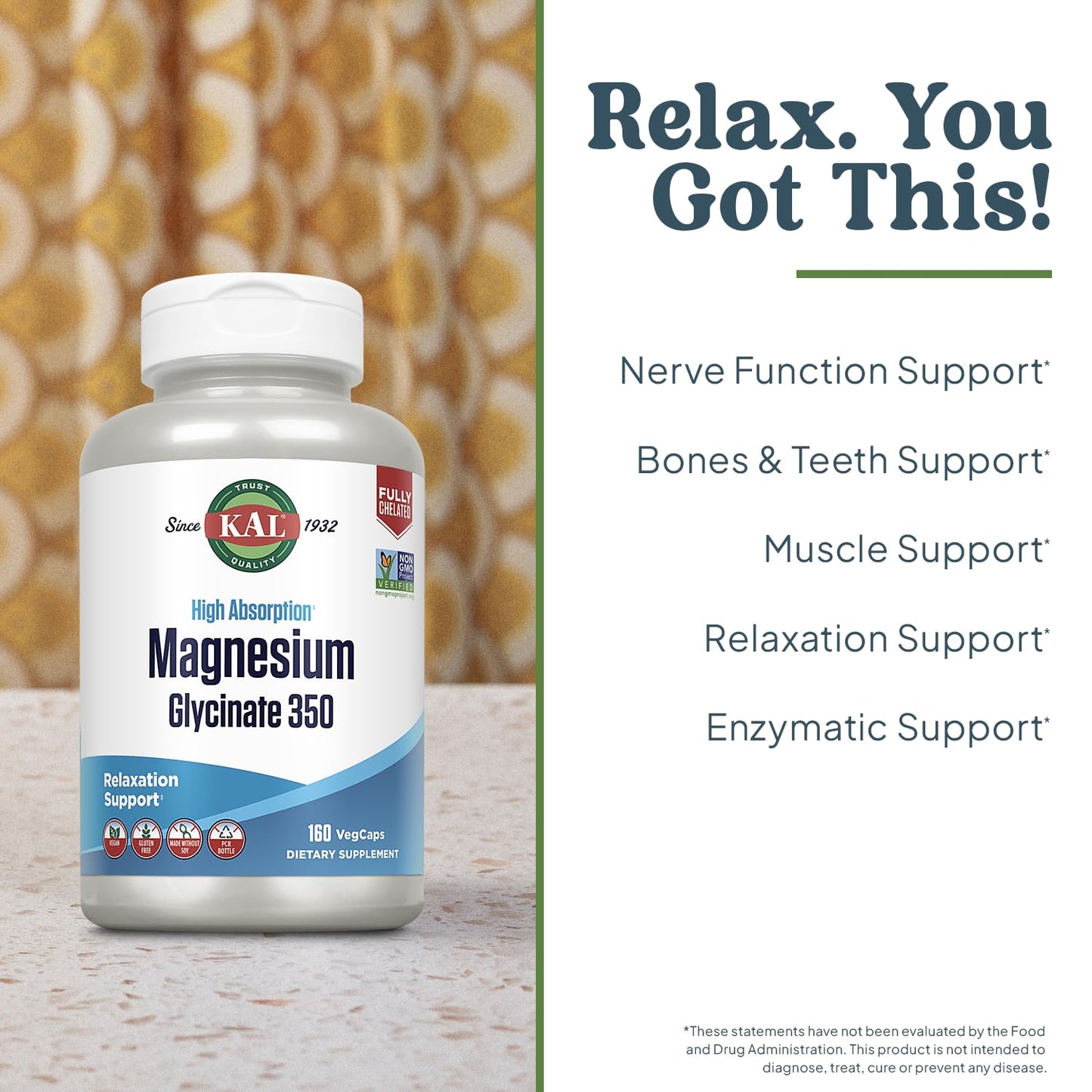 KAL Magnesium Glycinate Capsules, Fully Chelated Magnesium Bisglycinate, High Absorption Magnesium Supplement, Healthy Bones, Muscle, Relaxation and Stress Support, Non-GMO 160 count - dailyvitalstore