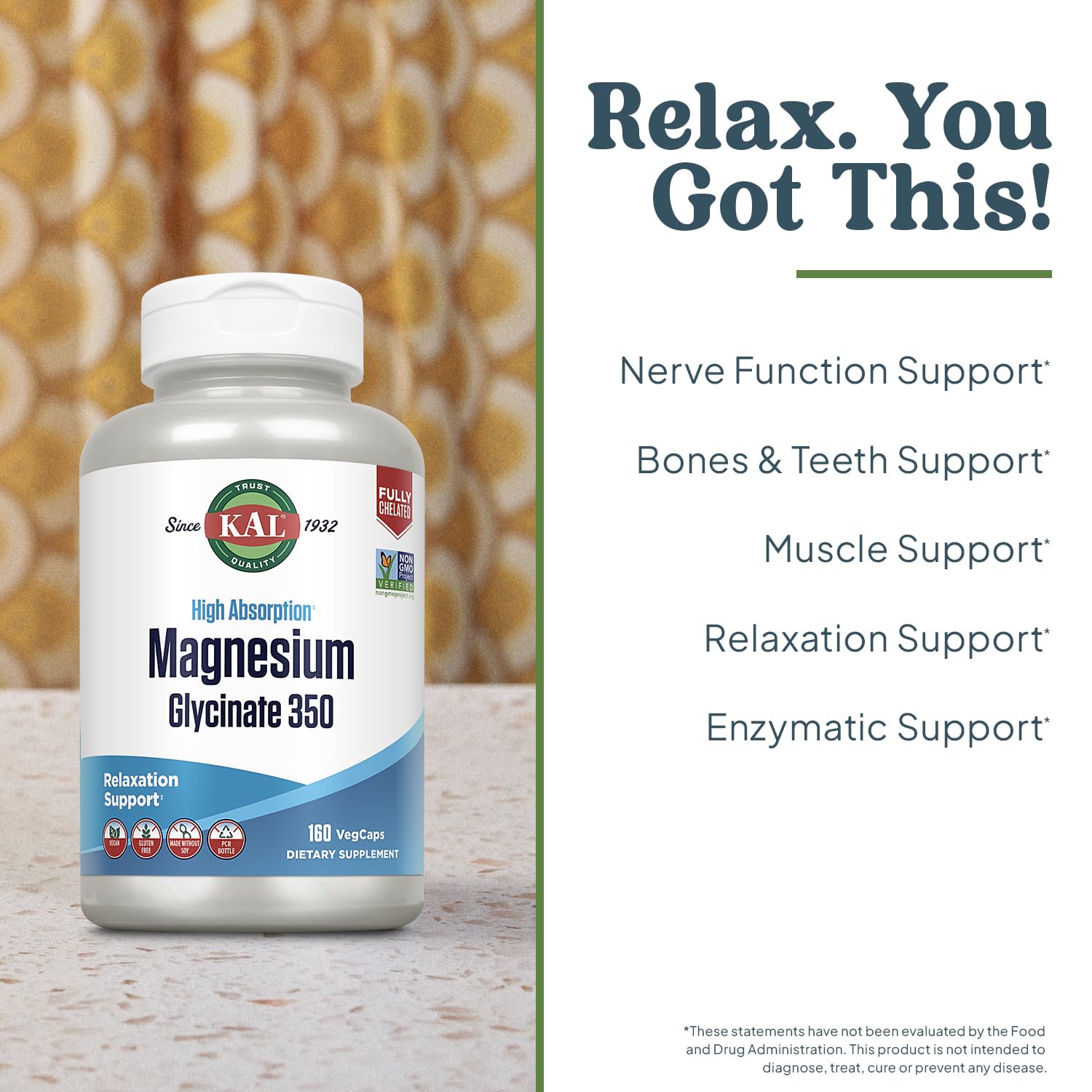 KAL Magnesium Glycinate Capsules, Fully Chelated Magnesium Bisglycinate, High Absorption Magnesium Supplement, Healthy Bones, Muscle, Relaxation and Stress Support, Non-GMO 160 count - dailyvitalstore