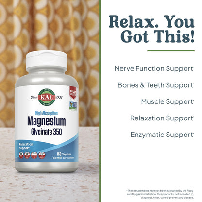 KAL Magnesium Glycinate Capsules, Fully Chelated Magnesium Bisglycinate, High Absorption Magnesium Supplement, Healthy Bones, Muscle, Relaxation and Stress Support, Non-GMO 160 count - dailyvitalstore