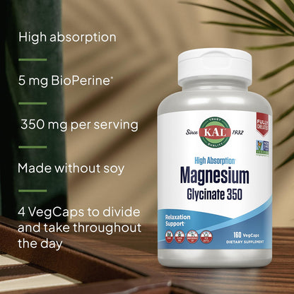 KAL Magnesium Glycinate Capsules, Fully Chelated Magnesium Bisglycinate, High Absorption Magnesium Supplement, Healthy Bones, Muscle, Relaxation and Stress Support, Non-GMO 160 count - dailyvitalstore