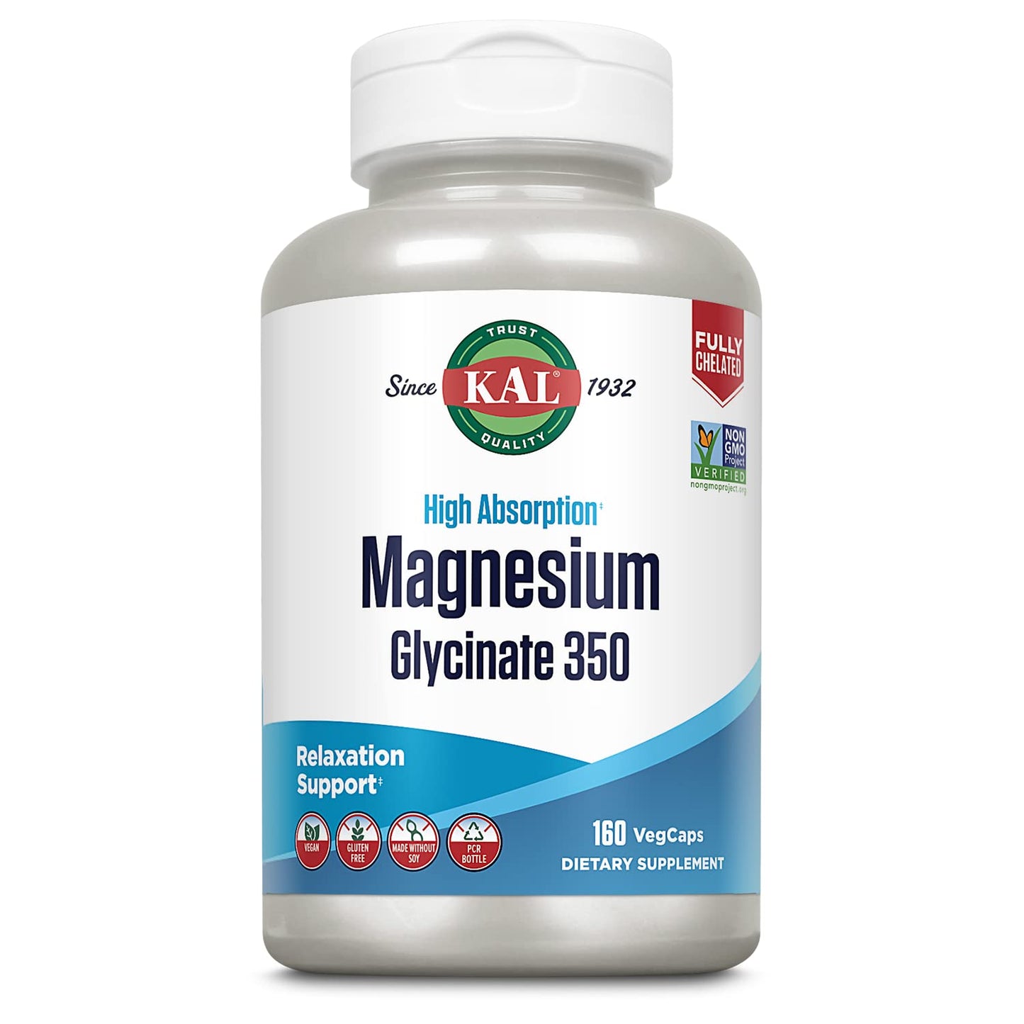 KAL Magnesium Glycinate Capsules, Fully Chelated Magnesium Bisglycinate, High Absorption Magnesium Supplement, Healthy Bones, Muscle, Relaxation and Stress Support, Non-GMO 160 count - dailyvitalstore