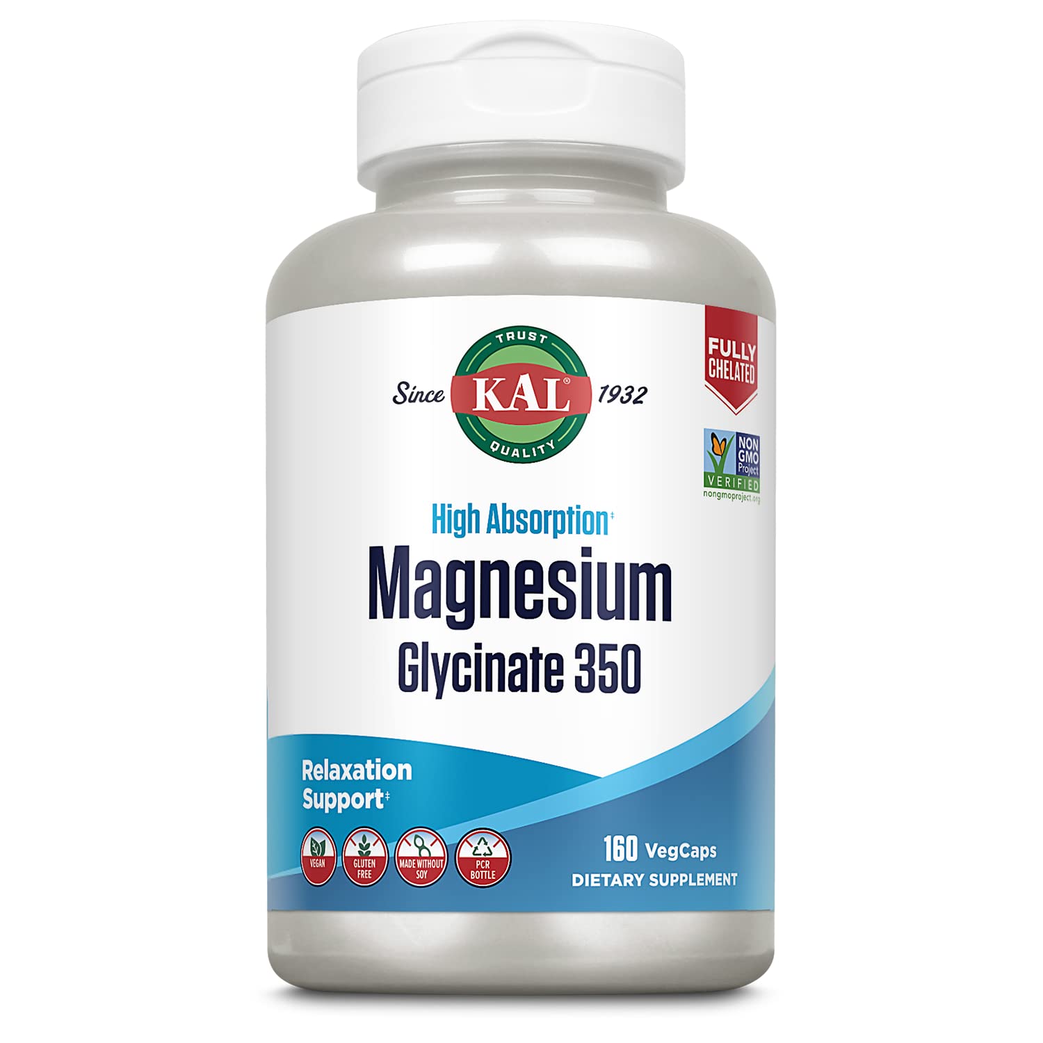 KAL Magnesium Glycinate Capsules, Fully Chelated Magnesium Bisglycinate, High Absorption Magnesium Supplement, Healthy Bones, Muscle, Relaxation and Stress Support, Non-GMO 160 count - dailyvitalstore