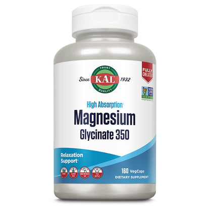KAL Magnesium Glycinate Capsules, Fully Chelated Magnesium Bisglycinate, High Absorption Magnesium Supplement, Healthy Bones, Muscle, Relaxation and Stress Support, Non-GMO 160 count - dailyvitalstore