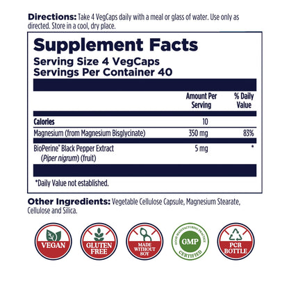 KAL Magnesium Glycinate Capsules, Fully Chelated Magnesium Bisglycinate, High Absorption Magnesium Supplement, Healthy Bones, Muscle, Relaxation and Stress Support, Non-GMO 160 count - dailyvitalstore