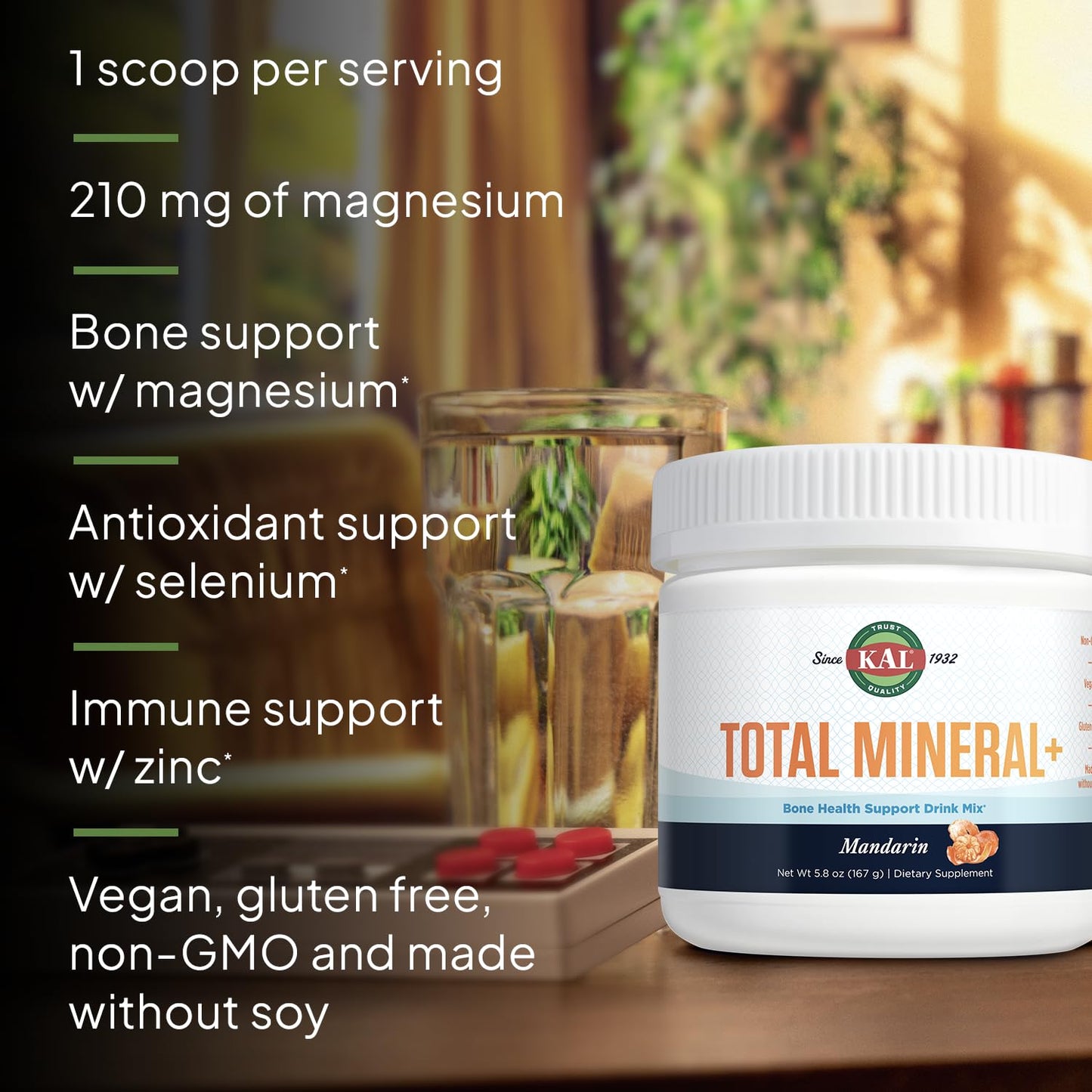 KAL Total Mineral+ Powder - Total Complex - Magnesium Glycinate, Zinc, Calcium and More - Bone Health & Whole Body Support Supplement - Vegan, Non-GMO, Gluten-Free 60-Day Guarantee - 30 Servings - dailyvitalstore