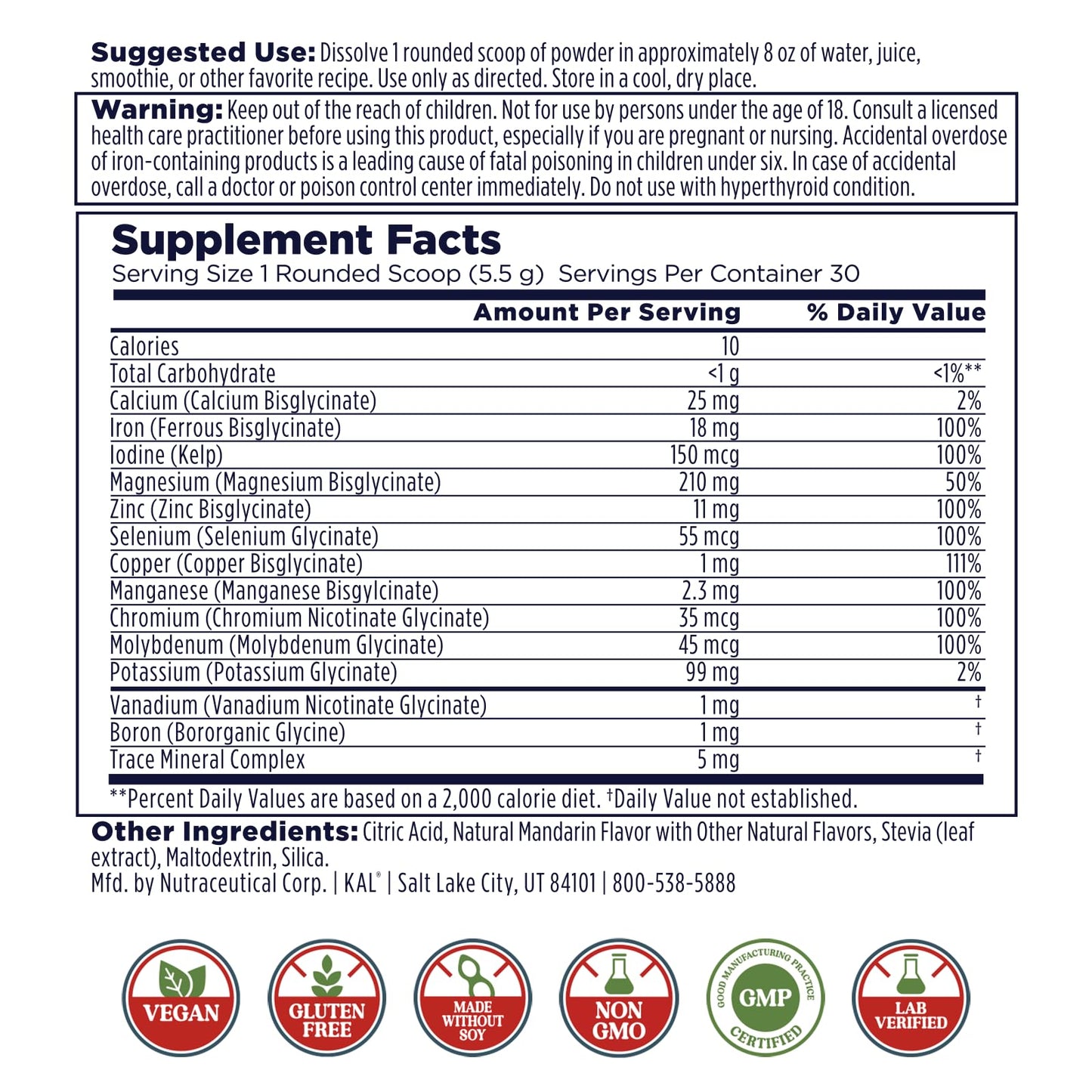 KAL Total Mineral+ Powder - Total Complex - Magnesium Glycinate, Zinc, Calcium and More - Bone Health & Whole Body Support Supplement - Vegan, Non-GMO, Gluten-Free 60-Day Guarantee - 30 Servings - dailyvitalstore