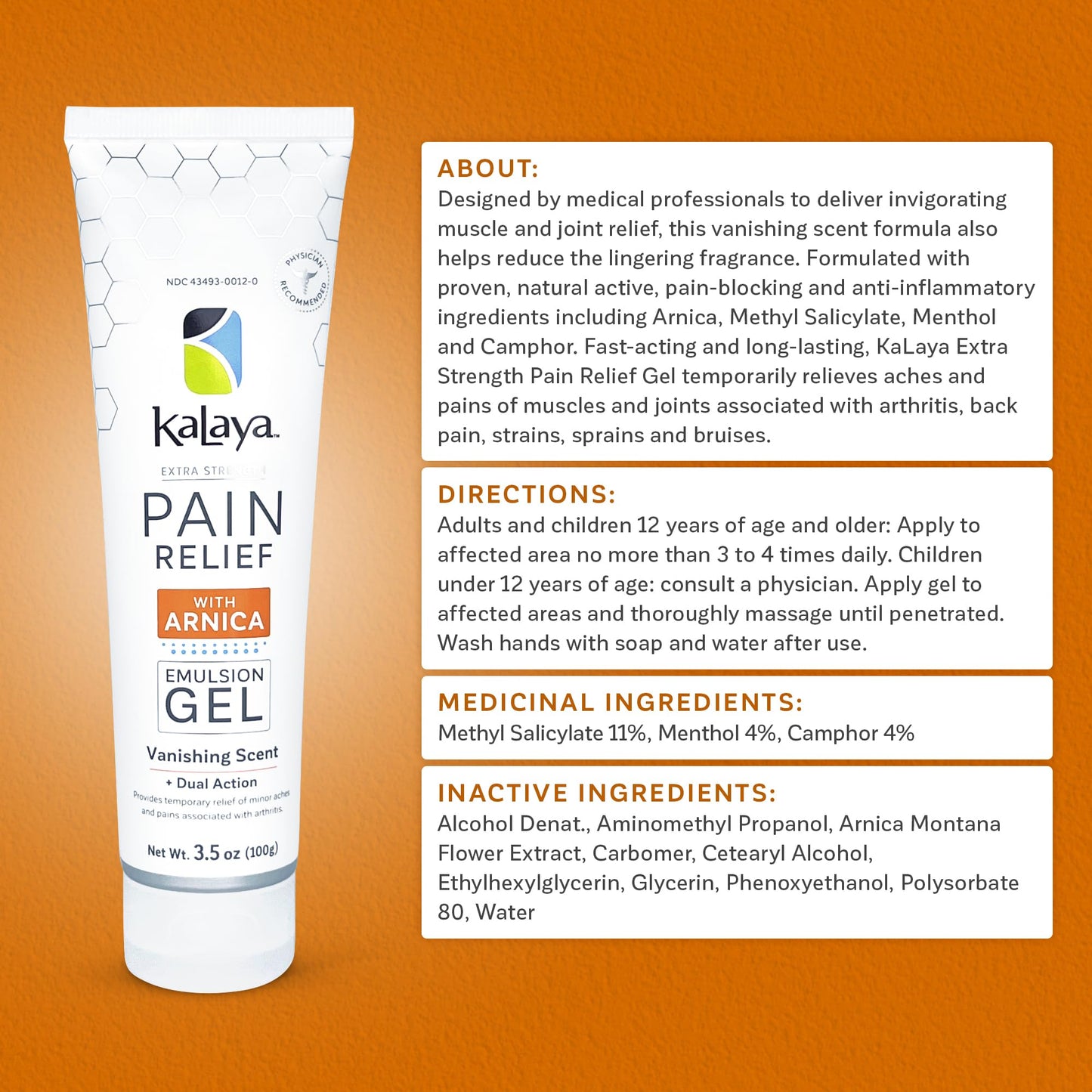 Kalaya Extra Strength Pain Relief Gel with Arnica -Fast Acting, Long Lasting, Vanishing Scent, medically formulated for Arthritis, Joints, Muscle, Back, Neck, Shoulder, Hand and Knee Pain - dailyvitalstore