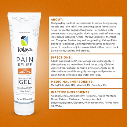 Kalaya Extra Strength Pain Relief Gel with Arnica -Fast Acting, Long Lasting, Vanishing Scent, medically formulated for Arthritis, Joints, Muscle, Back, Neck, Shoulder, Hand and Knee Pain - dailyvitalstore