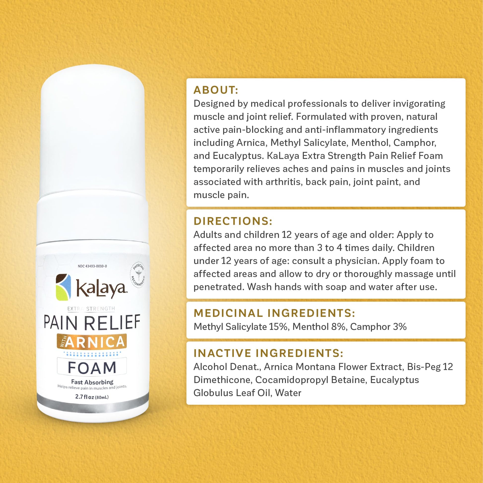 Kalaya Naturals Extra Strength Pain Relief Foam with Arnica - Supports Pain Relief in Muscle & Joints (2.7 Ounces) - dailyvitalstore
