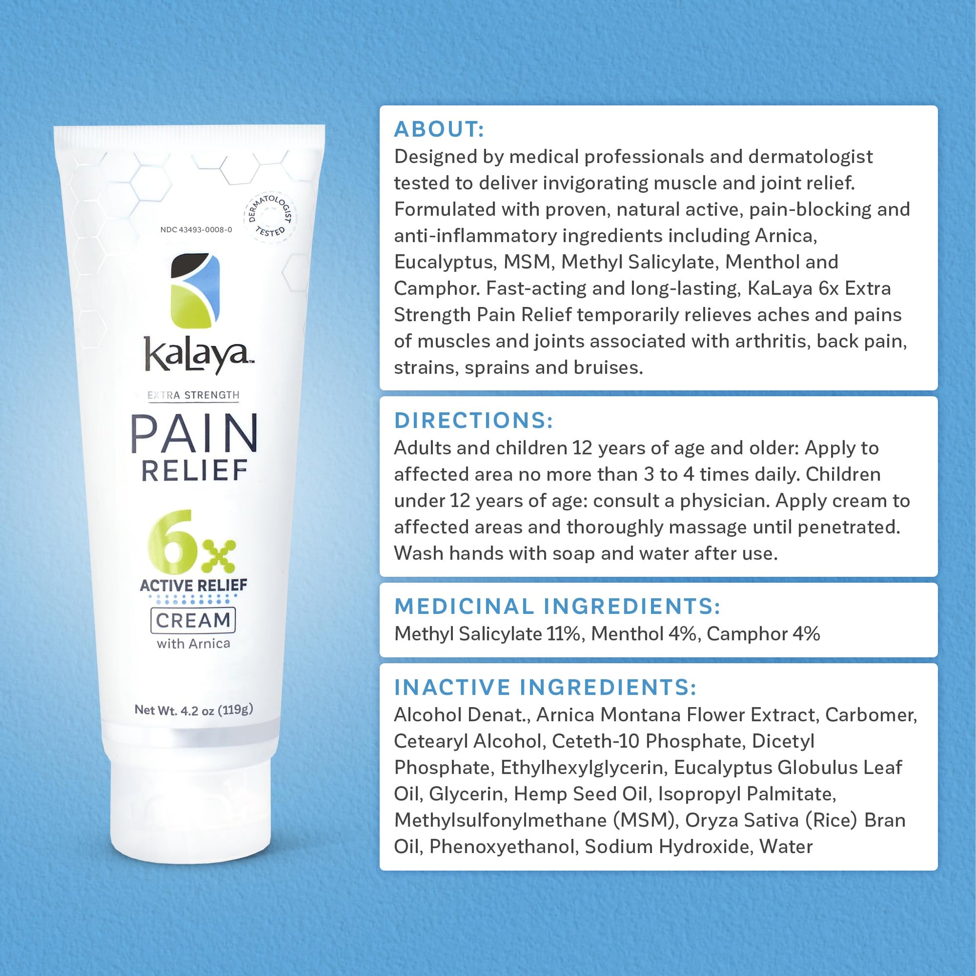 Kalaya Pain Relief Cream with Arnica for Muscles and Joints – 6 Natural Active Ingredients with Long Lasting and Fast Acting Relief in 3 Minutes - Dermatologist Tested to Soothe Tension - 4.2 oz - dailyvitalstore