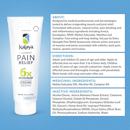Kalaya Pain Relief Cream with Arnica for Muscles and Joints – 6 Natural Active Ingredients with Long Lasting and Fast Acting Relief in 3 Minutes - Dermatologist Tested to Soothe Tension - 4.2 oz - dailyvitalstore