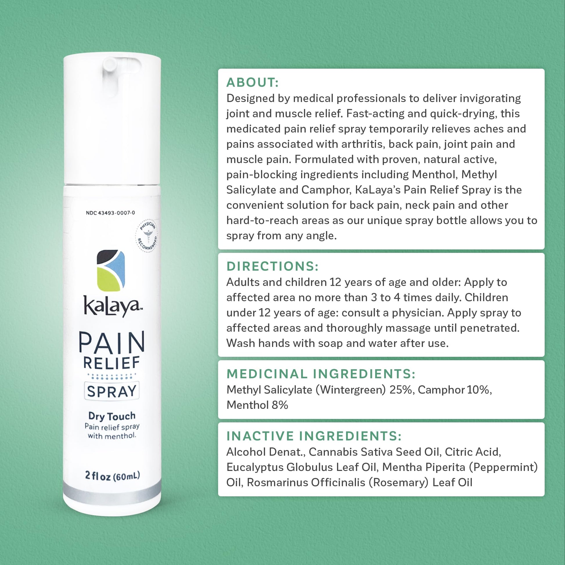 Kalaya Pain Relief Spray - Fast-Acting, Quick-Drying Muscle Rub for Joint Pain Relief and Muscle Pain - with Eucalyptus, Menthol, Methyl Salicylate, Camphor - Ideal for Easing Back Pain - 2 oz - dailyvitalstore