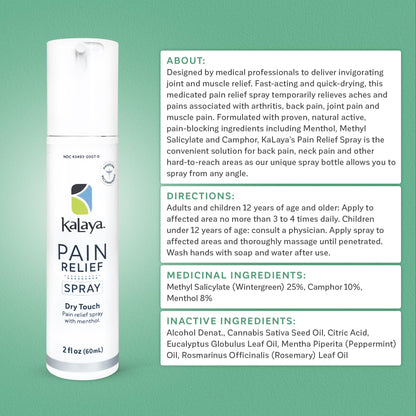Kalaya Pain Relief Spray - Fast-Acting, Quick-Drying Muscle Rub for Joint Pain Relief and Muscle Pain - with Eucalyptus, Menthol, Methyl Salicylate, Camphor - Ideal for Easing Back Pain - 2 oz - dailyvitalstore