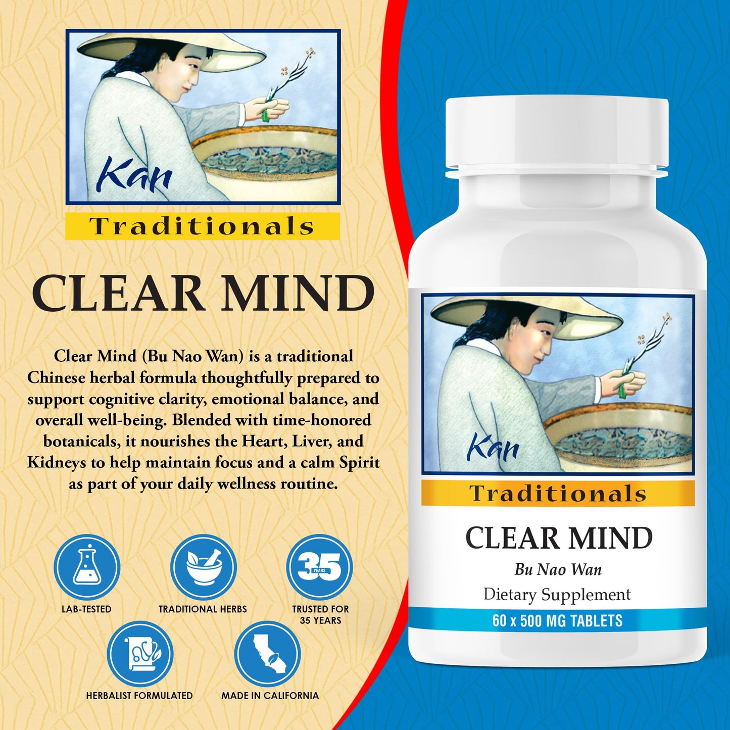 Kan Herbs Company Clear Mind Formula – Traditional Chinese Herbal Blend for Cognitive Clarity and Spirit Support, Nourishes Heart Yin and Blood, Calms Shen, Herbal Supplement, 60 Tablets - dailyvitalstore