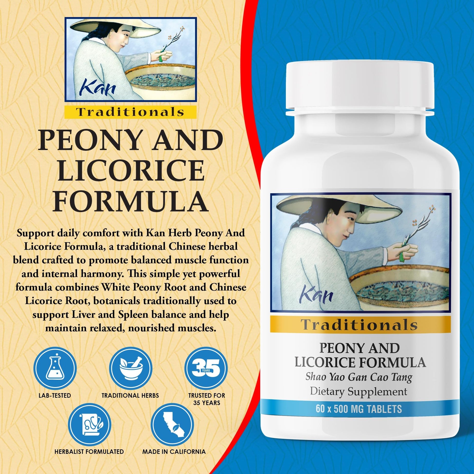 Kan Herbs Company Peony & Licorice Formula Tablets – Traditional Chinese Herbal Blend with White Peony Root & Chinese Licorice to Support Liver Balance, Muscle Comfort & Digestive Harmony, 60 Tablets - dailyvitalstore