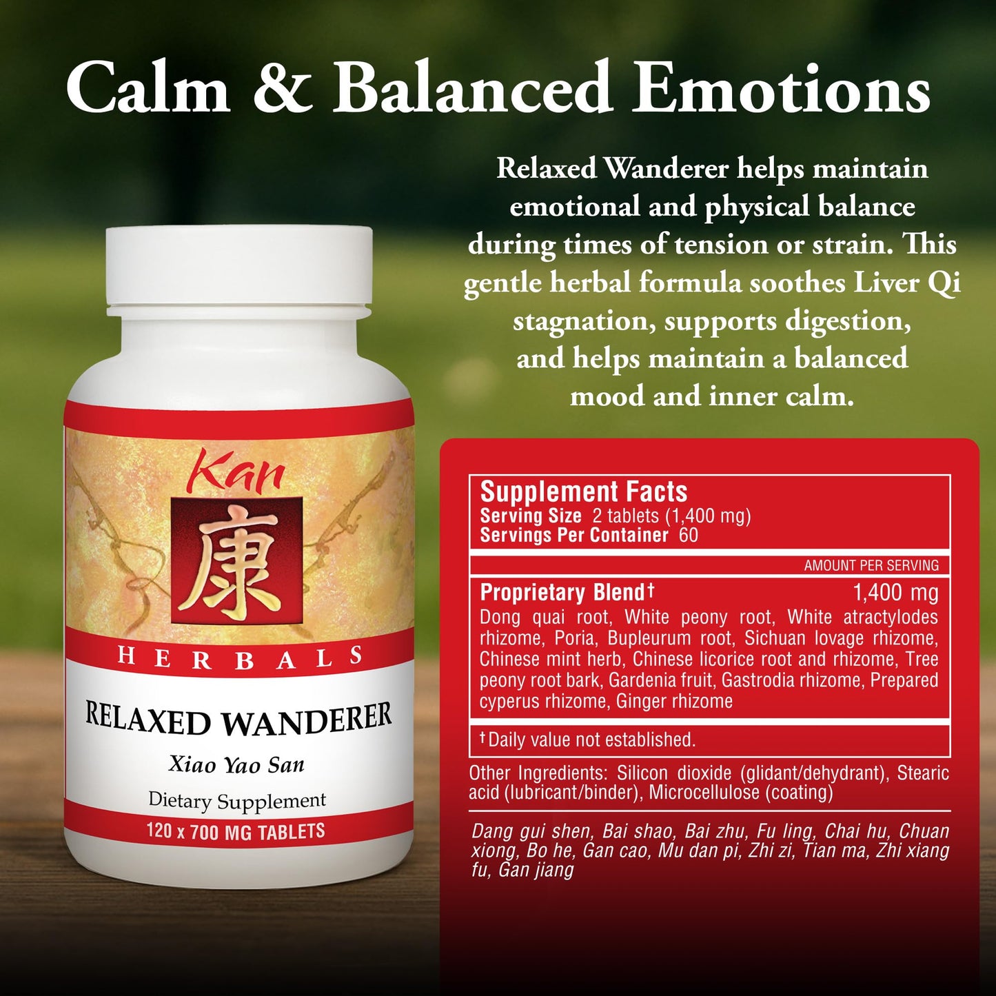 Kan Herbs Company Relaxed Wanderer – Traditional Chinese Herbal Formula to Support Mood, Digestion, and Menstrual Balance, Nourishes Blood, Eases Occasional Tension and Fatigue, 120 Tablets - dailyvitalstore