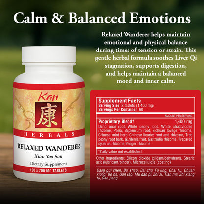 Kan Herbs Company Relaxed Wanderer – Traditional Chinese Herbal Formula to Support Mood, Digestion, and Menstrual Balance, Nourishes Blood, Eases Occasional Tension and Fatigue, 120 Tablets - dailyvitalstore