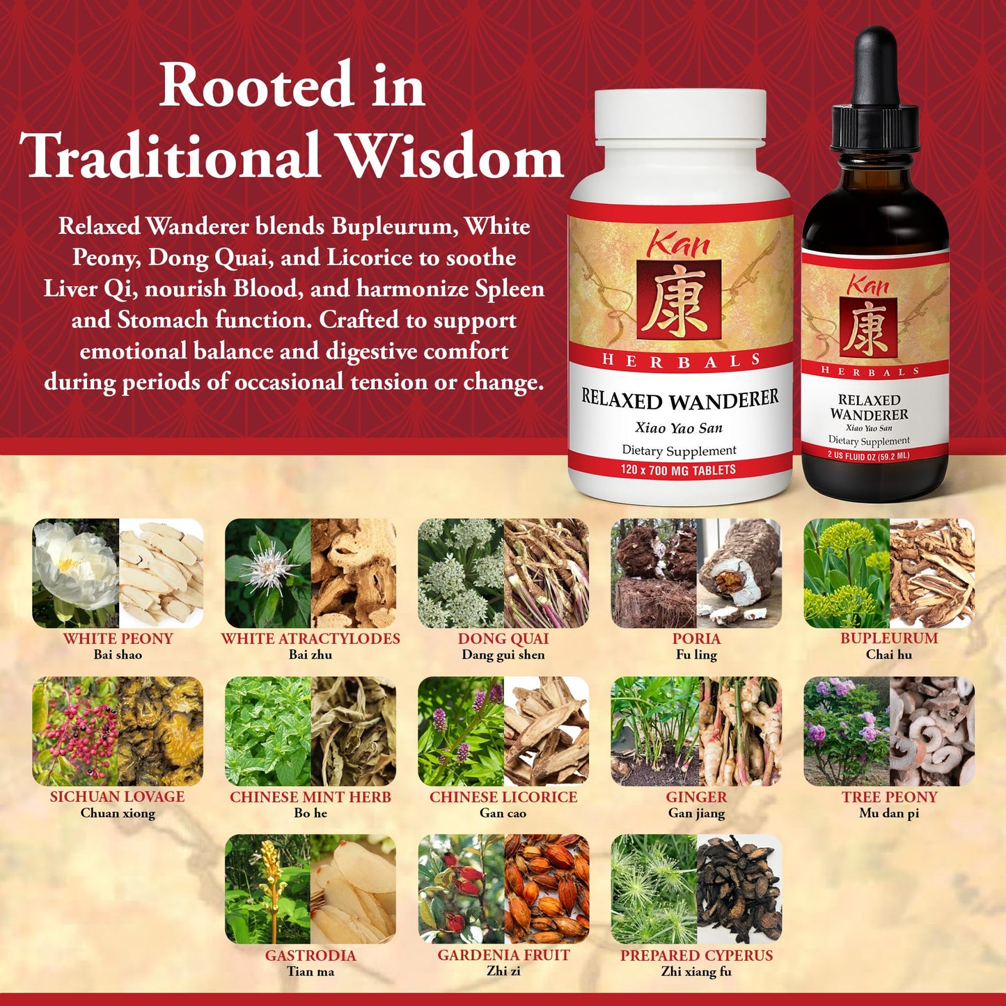Kan Herbs Company Relaxed Wanderer – Traditional Chinese Herbal Formula to Support Mood, Digestion, and Menstrual Balance, Nourishes Blood, Eases Occasional Tension and Fatigue, 120 Tablets - dailyvitalstore