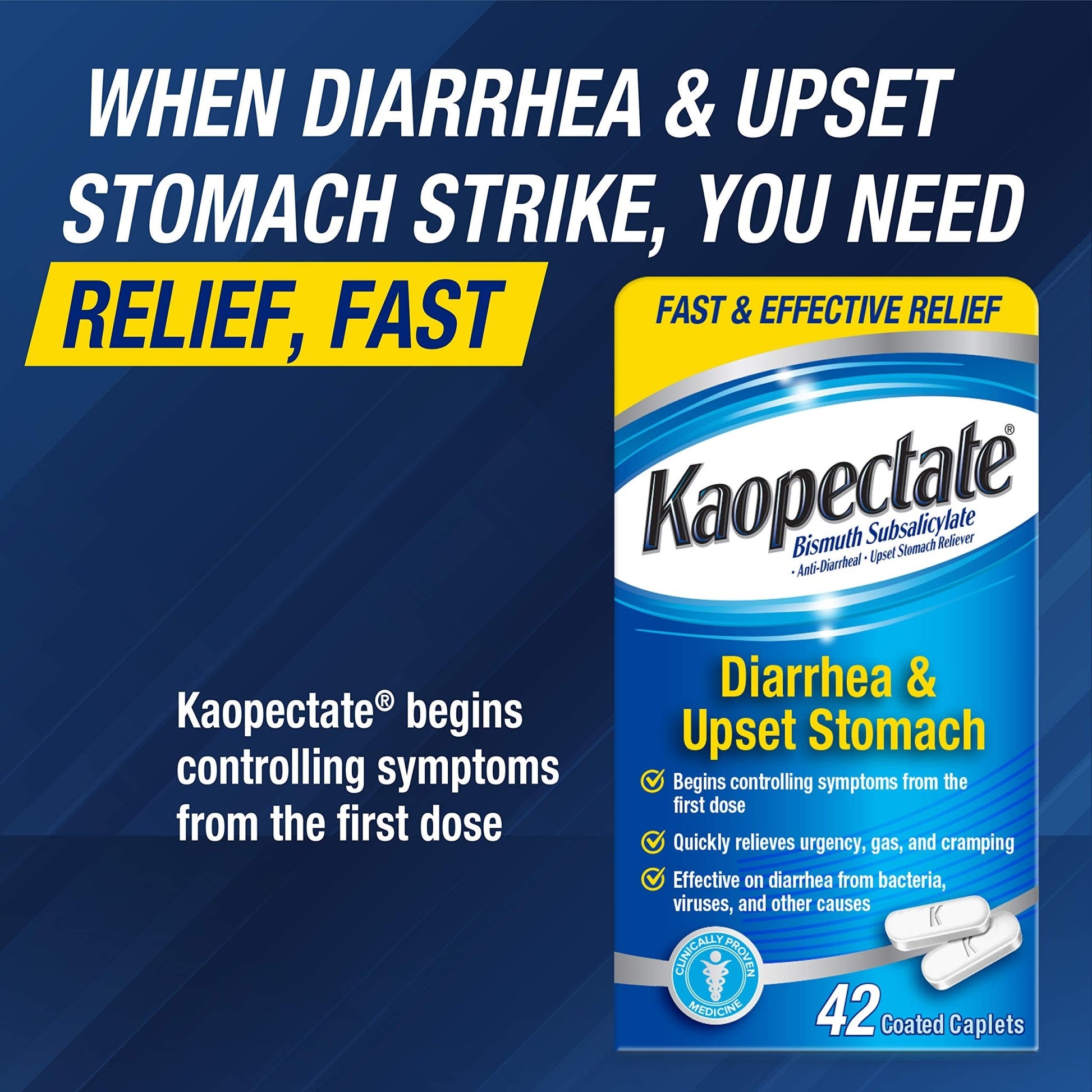 Kaopectate Multi-Symptom Anti-Diarrheal & Upset Stomach Reliever, 42 Caplets, Anti Diarrhea Caplets - dailyvitalstore