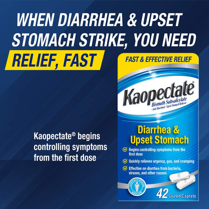 Kaopectate Multi-Symptom Anti-Diarrheal & Upset Stomach Reliever, 42 Caplets, Anti Diarrhea Caplets - dailyvitalstore