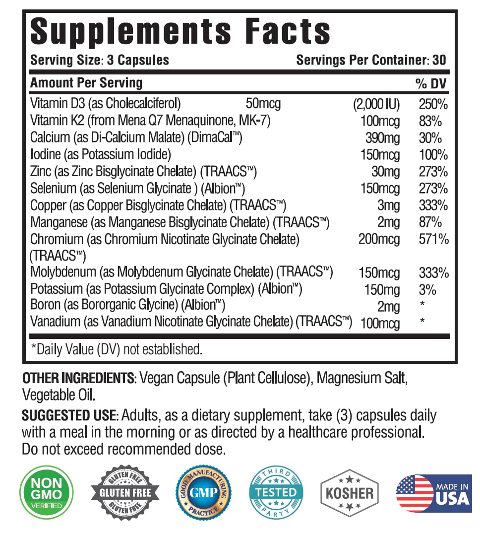 KAPPA NUTRITION (90 Capsules,Vitamin K2, Vitamin D3, Zinc, Selenium, Vanadium, Copper, Manganese, Potassium, Molybdenum, Calcium, Chromium, Iodine, Boron, Mineral 13 in 1 Advanced Complex, from - dailyvitalstore