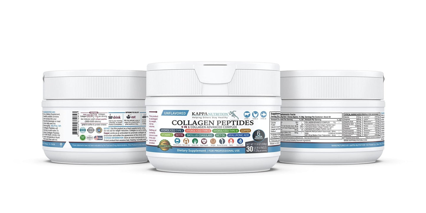 KAPPA NUTRITION Collagen Type I, II, III, 6 Billion Probiotic Acid Resistance, Hyaluronic Acid, Vitamin C, Biotin, Copper and MCT Oil, Beautiful Hair, Nails, & Skin, Collagen Peptides 9 in 1 (11.9oz) - dailyvitalstore