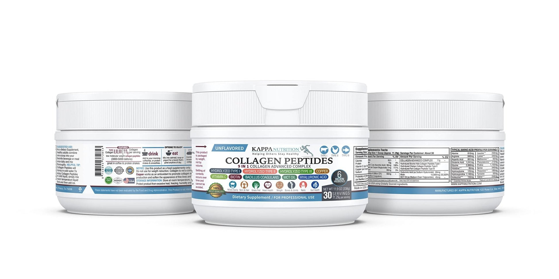 KAPPA NUTRITION Collagen Type I, II, III, 6 Billion Probiotic Acid Resistance, Hyaluronic Acid, Vitamin C, Biotin, Copper and MCT Oil, Beautiful Hair, Nails, & Skin, Collagen Peptides 9 in 1 (11.9oz) - dailyvitalstore