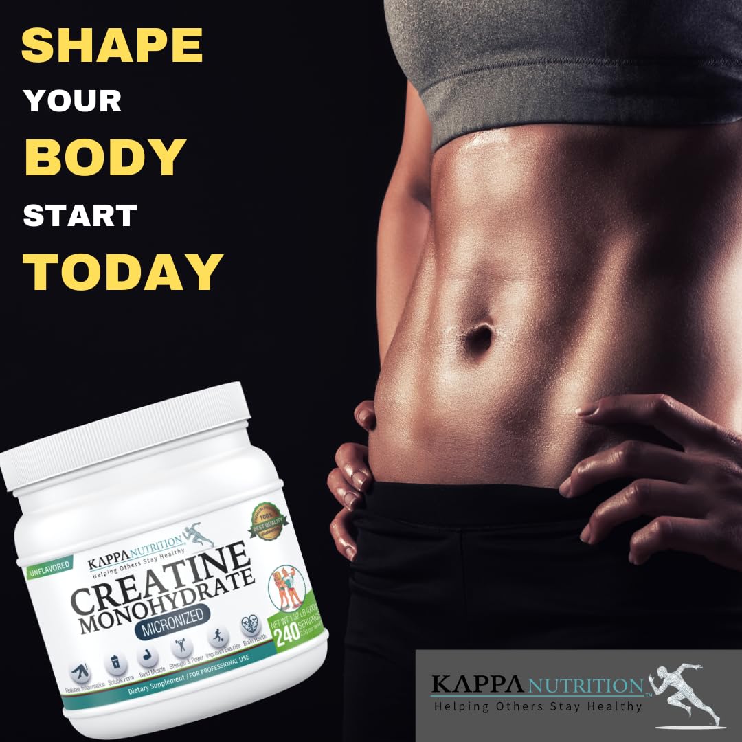 Kappa Nutrition Creatine Monohydrate Powder, Pure Amino Acid Formula, Supports Muscle Strength, Cellular Energy & Mental Focus* Gluten-Free, Keto, 2.25g per Scoop, 240 Servings, Net Wt. 1.32 LB (600g) - dailyvitalstore