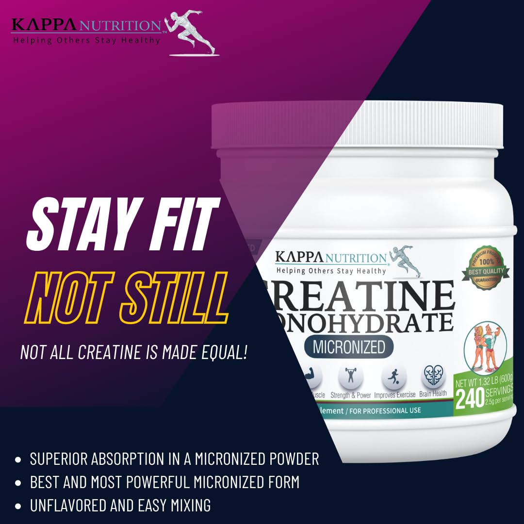 Kappa Nutrition Creatine Monohydrate Powder, Pure Amino Acid Formula, Supports Muscle Strength, Cellular Energy & Mental Focus* Gluten-Free, Keto, 2.25g per Scoop, 240 Servings, Net Wt. 1.32 LB (600g) - dailyvitalstore