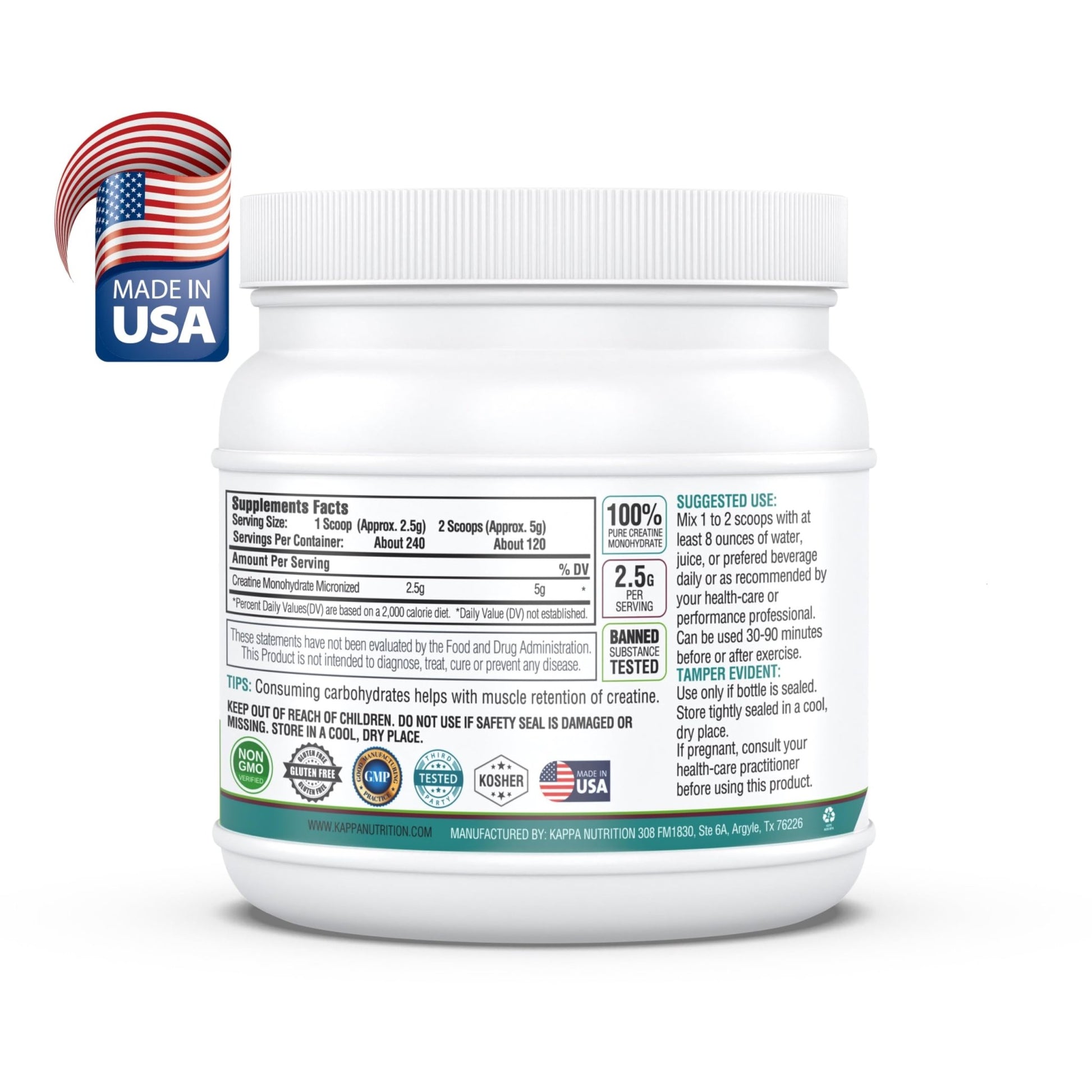 Kappa Nutrition Creatine Monohydrate Powder, Pure Amino Acid Formula, Supports Muscle Strength, Cellular Energy & Mental Focus* Gluten-Free, Keto, 2.25g per Scoop, 240 Servings, Net Wt. 1.32 LB (600g) - dailyvitalstore