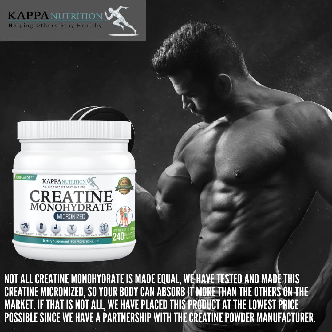 Kappa Nutrition Creatine Monohydrate Powder, Pure Amino Acid Formula, Supports Muscle Strength, Cellular Energy & Mental Focus* Gluten-Free, Keto, 2.25g per Scoop, 240 Servings, Net Wt. 1.32 LB (600g) - dailyvitalstore