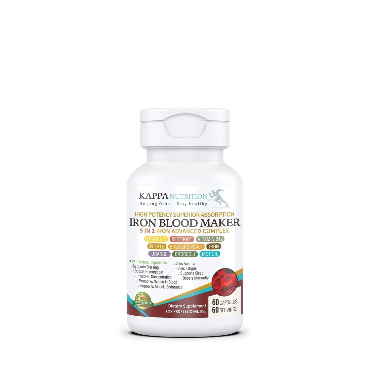 KAPPA NUTRITION Iron 26mg, Vitamin C & Orange 150mg, Folate 667mcg DFE, Vitamin B12, Beetroot, Brewers Yeast, Broccoli & MCT Oil 9 in 1 Advanced Complex (60 Capsules) - dailyvitalstore