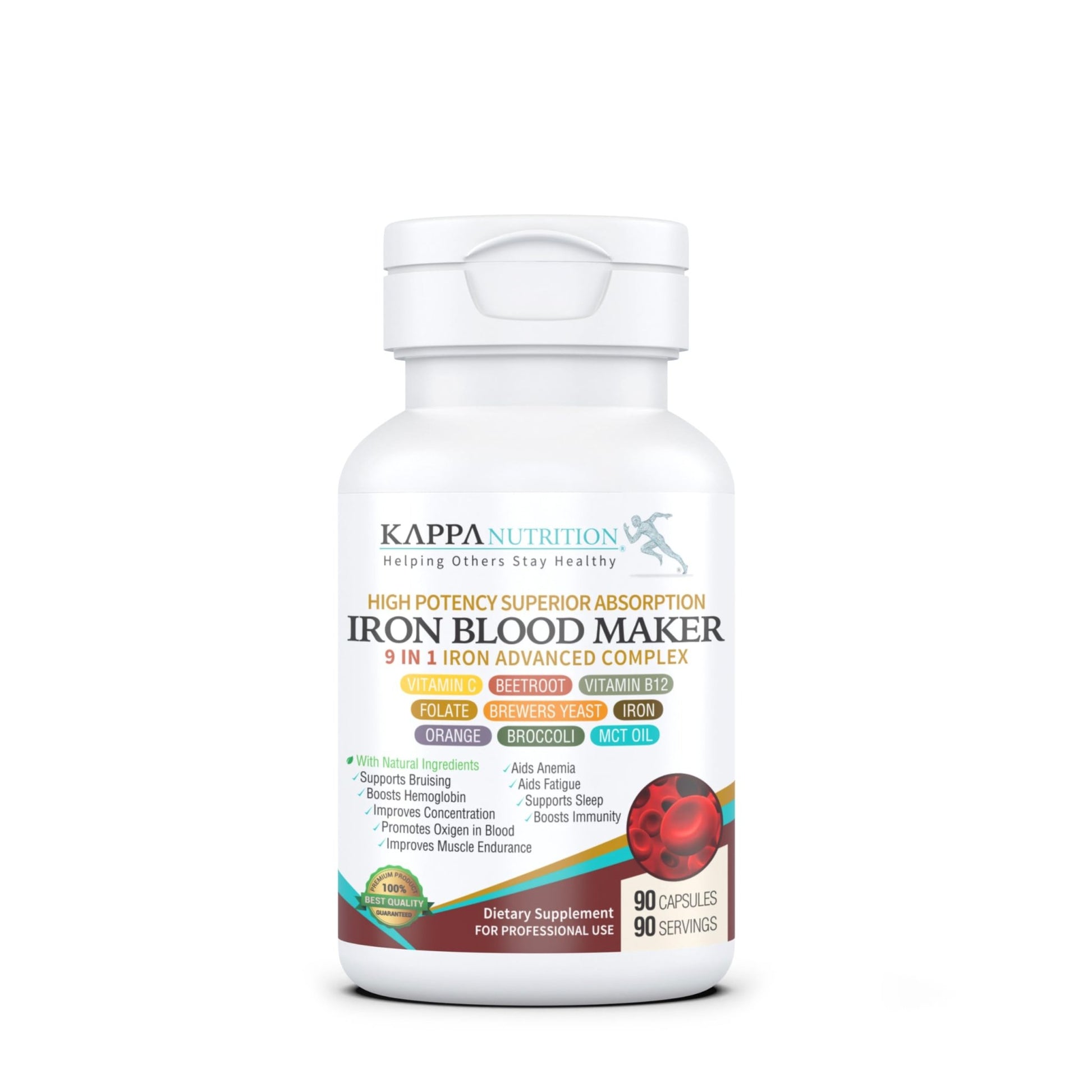 KAPPA NUTRITION Iron 26mg, Vitamin C & Orange 150mg, Folate 667mcg DFE, Vitamin B12, Beetroot, Brewers Yeast, Broccoli & MCT Oil 9 in 1 Advanced Complex (90 Capsules) - dailyvitalstore