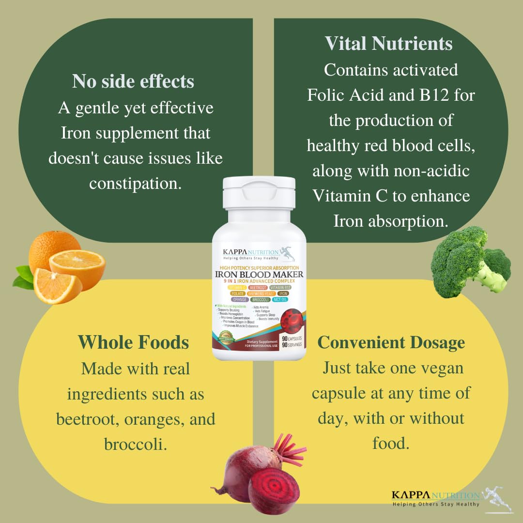 KAPPA NUTRITION Iron 26mg, Vitamin C & Orange 150mg, Folate 667mcg DFE, Vitamin B12, Beetroot, Brewers Yeast, Broccoli & MCT Oil 9 in 1 Advanced Complex (90 Capsules) - dailyvitalstore