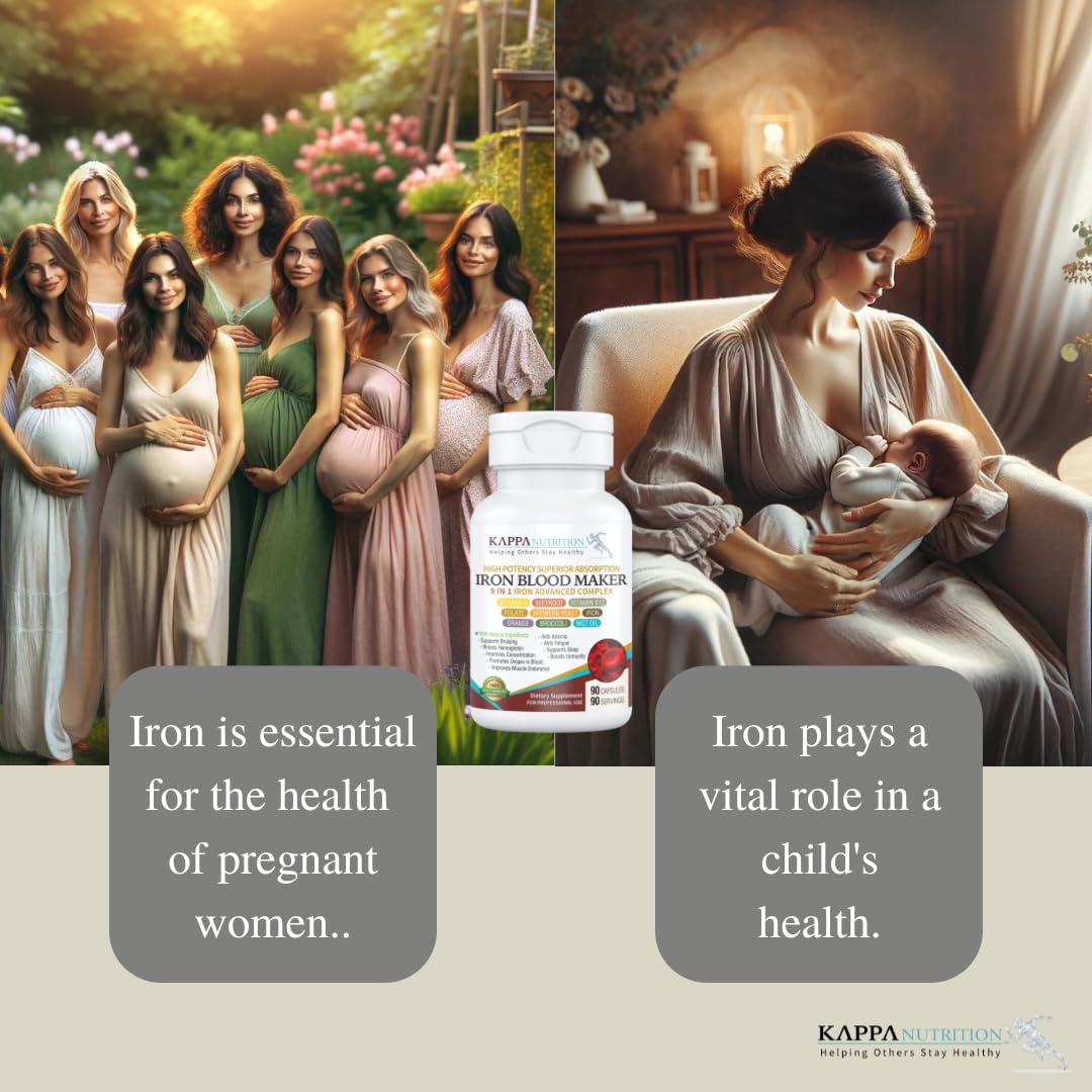 KAPPA NUTRITION Iron 26mg, Vitamin C & Orange 150mg, Folate 667mcg DFE, Vitamin B12, Beetroot, Brewers Yeast, Broccoli & MCT Oil 9 in 1 Advanced Complex (90 Capsules) - dailyvitalstore