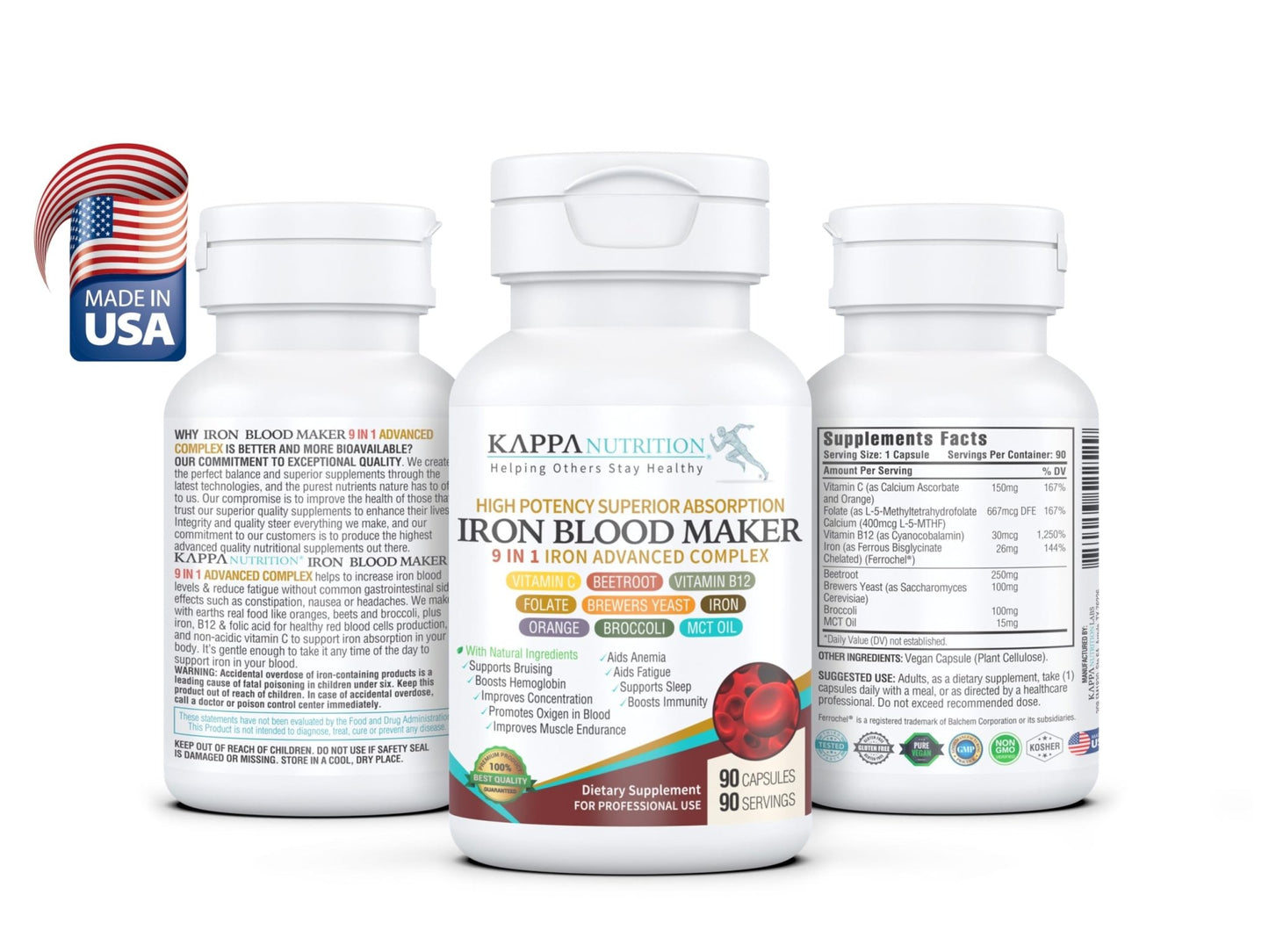 KAPPA NUTRITION Iron 26mg, Vitamin C & Orange 150mg, Folate 667mcg DFE, Vitamin B12, Beetroot, Brewers Yeast, Broccoli & MCT Oil 9 in 1 Advanced Complex (90 Capsules) - dailyvitalstore