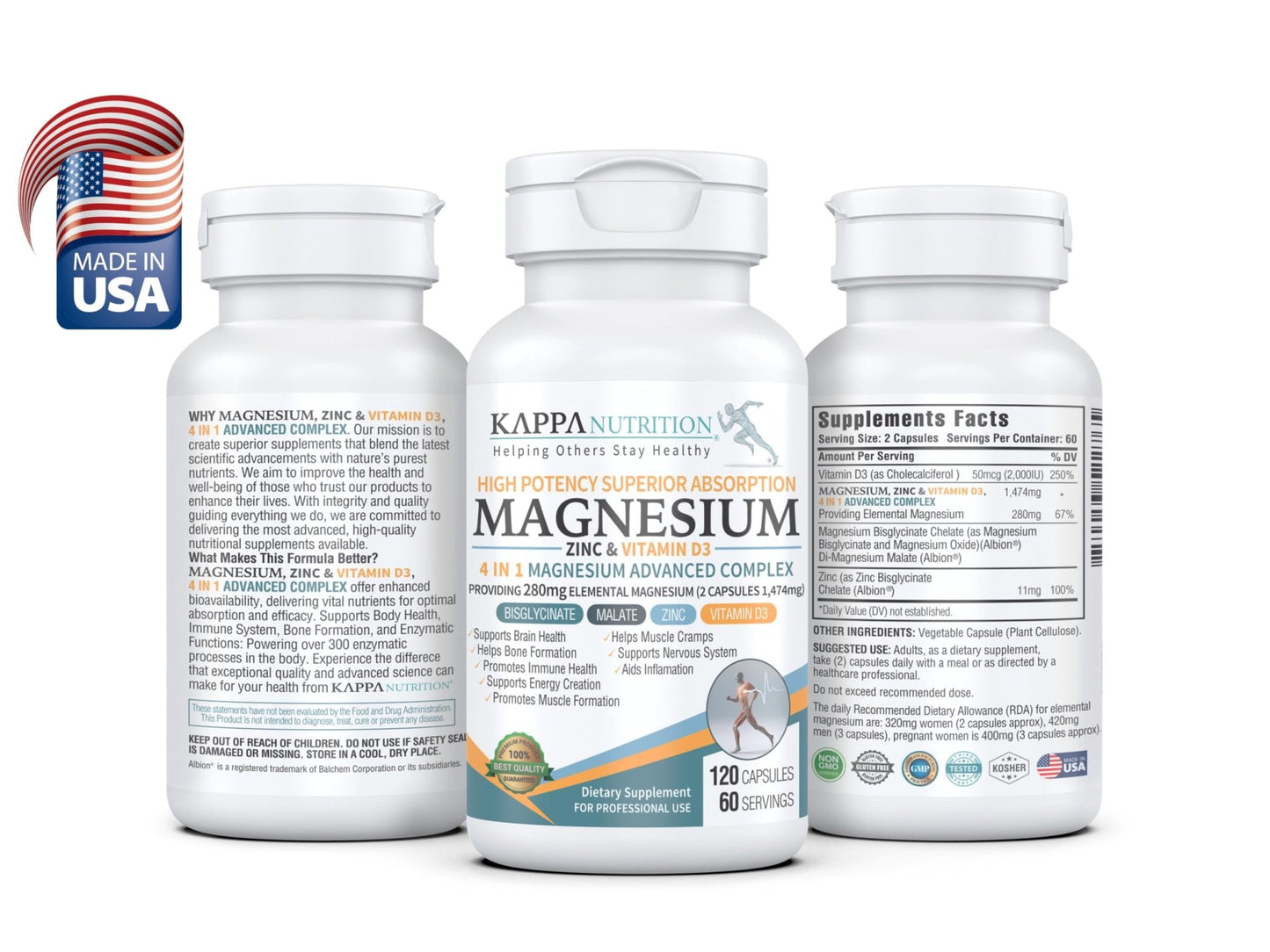 Kappa Nutrition Magnesium 4-in-1, 280mg Elemental Magnesium (Bisglycinate, Malate) + Zinc & Vitamin D3, Brain, Sleep, Energy, Muscle, Immune Support, 120 Vegan Capsules. - dailyvitalstore