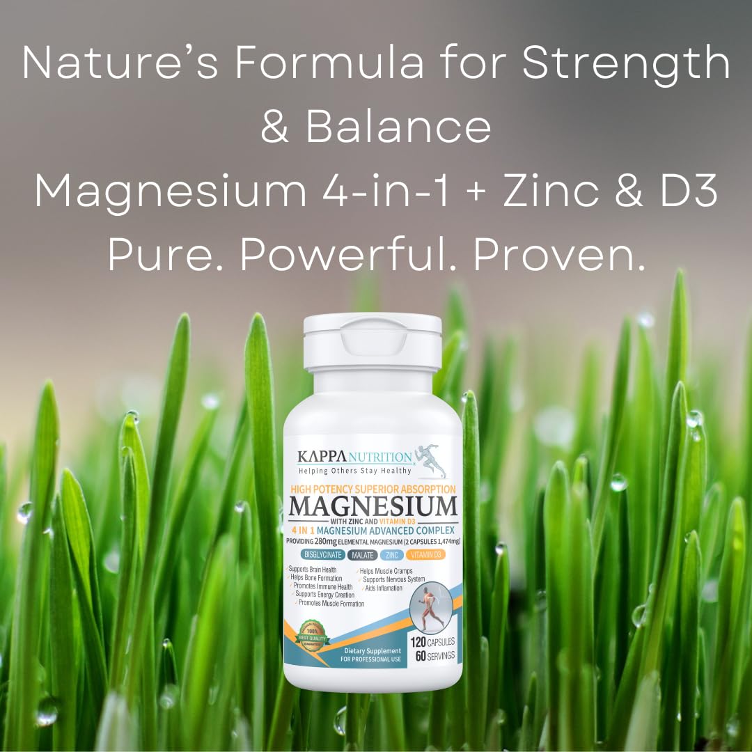 Kappa Nutrition Magnesium 4-in-1, 280mg Elemental Magnesium (Bisglycinate, Malate) + Zinc & Vitamin D3, Brain, Sleep, Energy, Muscle, Immune Support, 120 Vegan Capsules. - dailyvitalstore