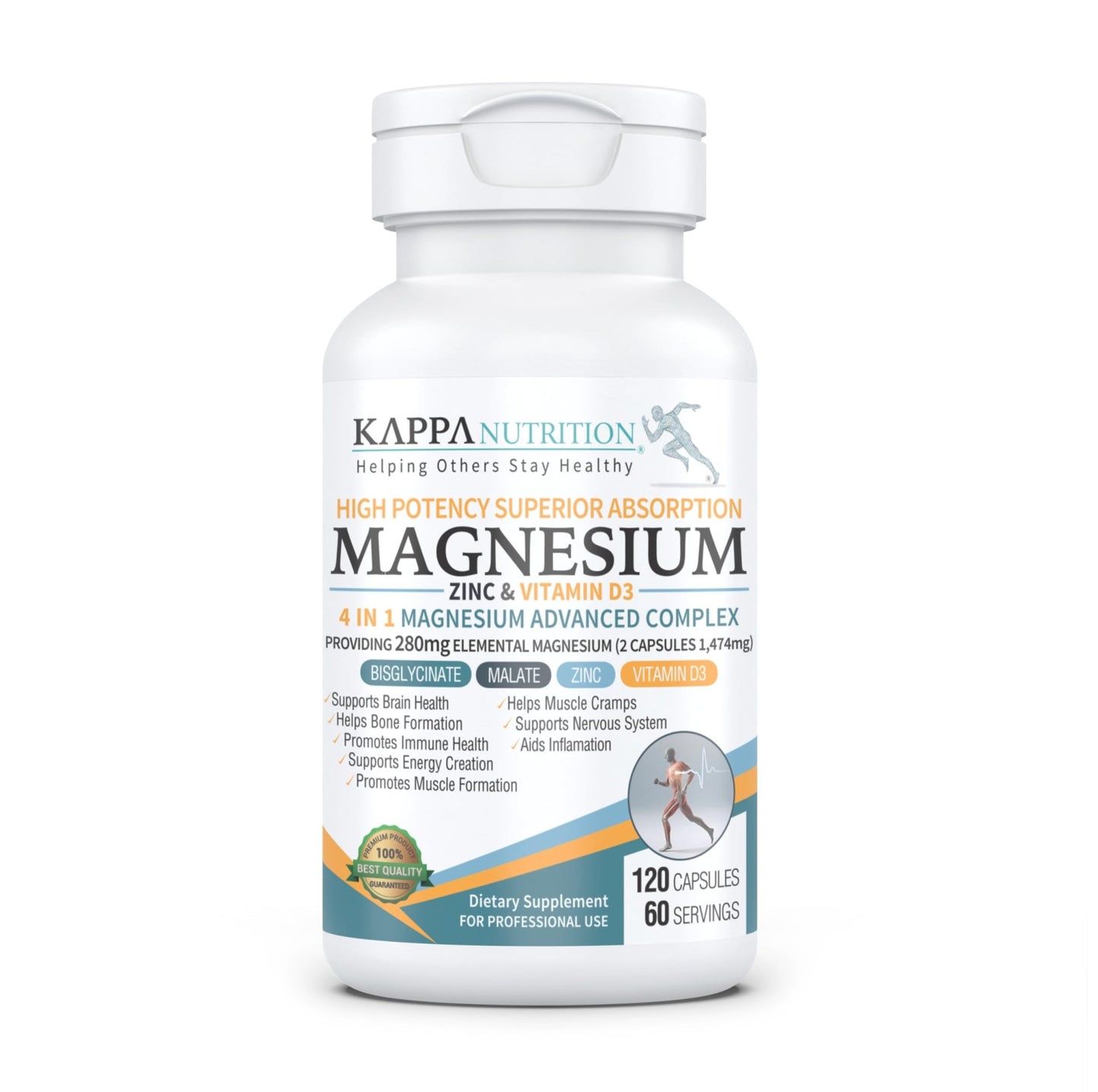 Kappa Nutrition Magnesium 4-in-1, 280mg Elemental Magnesium (Bisglycinate, Malate) + Zinc & Vitamin D3, Brain, Sleep, Energy, Muscle, Immune Support, 120 Vegan Capsules. - dailyvitalstore