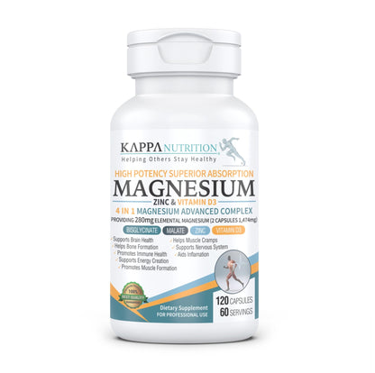 Kappa Nutrition Magnesium 4-in-1, 280mg Elemental Magnesium (Bisglycinate, Malate) + Zinc & Vitamin D3, Brain, Sleep, Energy, Muscle, Immune Support, 120 Vegan Capsules. - dailyvitalstore