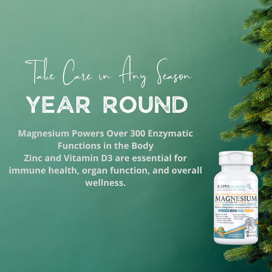 Kappa Nutrition Magnesium 4-in-1, 280mg Elemental Magnesium (Bisglycinate, Malate) + Zinc & Vitamin D3, Brain, Sleep, Energy, Muscle, Immune Support, 120 Vegan Capsules. - dailyvitalstore