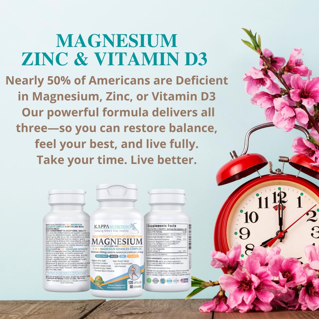 Kappa Nutrition Magnesium 4-in-1, 280mg Elemental Magnesium (Bisglycinate, Malate) + Zinc & Vitamin D3, Brain, Sleep, Energy, Muscle, Immune Support, 120 Vegan Capsules. - dailyvitalstore