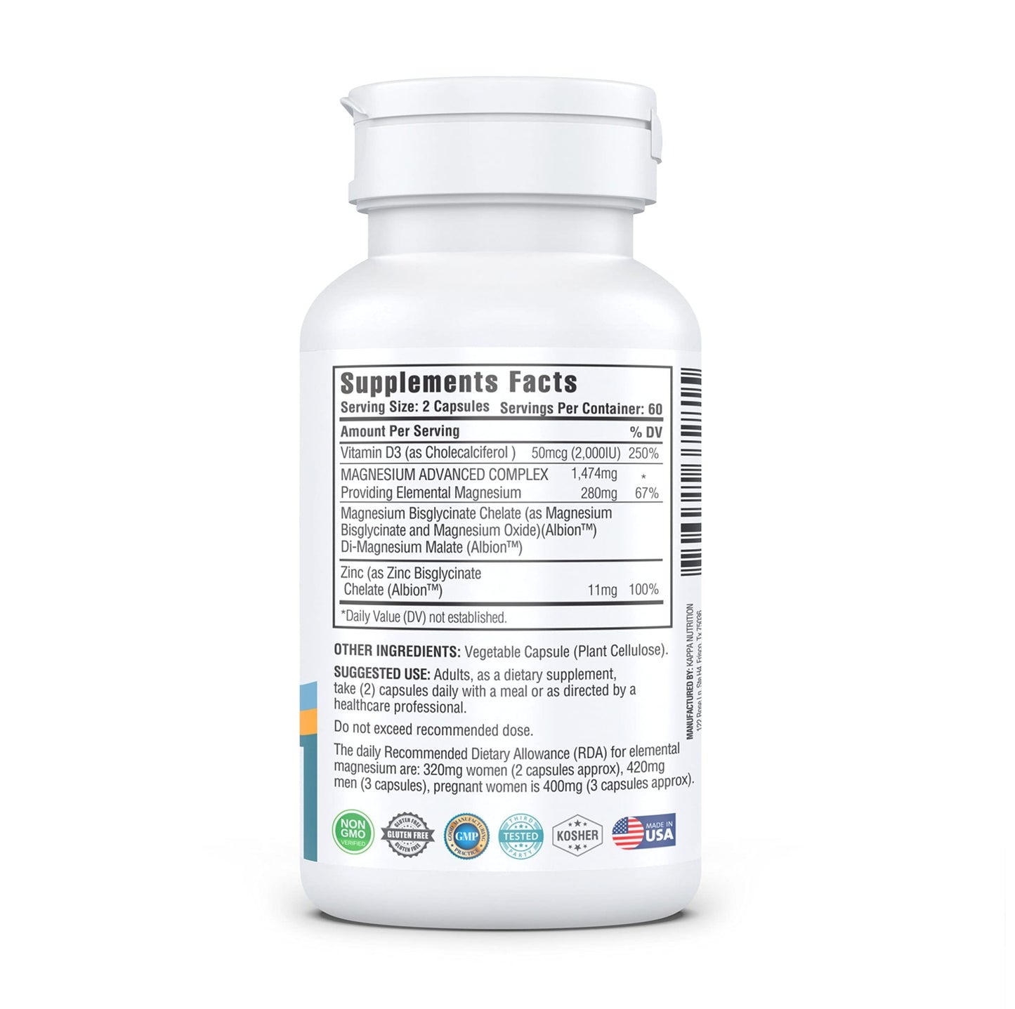 Kappa Nutrition Magnesium 4-in-1, 280mg Elemental Magnesium (Bisglycinate, Malate) + Zinc & Vitamin D3, Brain, Sleep, Energy, Muscle, Immune Support, 120 Vegan Capsules. - dailyvitalstore