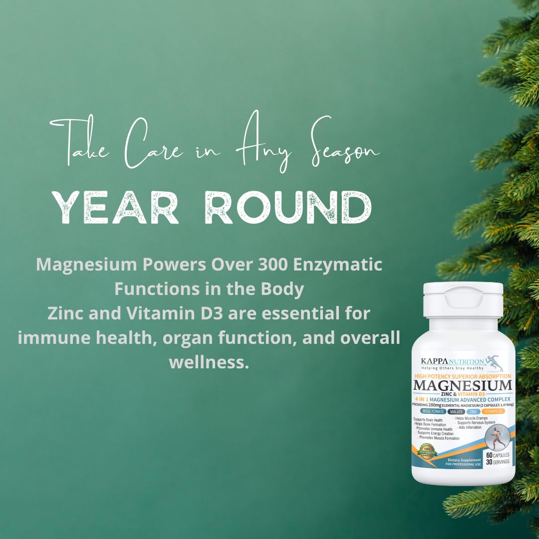 Kappa Nutrition Magnesium 4-in-1, 280mg Elemental Magnesium (Bisglycinate, Malate) + Zinc & Vitamin D3, Brain, Sleep, Energy, Muscle, Immune Support, 60 Vegan Capsules. - dailyvitalstore