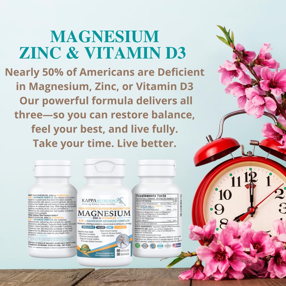 Kappa Nutrition Magnesium 4-in-1, 280mg Elemental Magnesium (Bisglycinate, Malate) + Zinc & Vitamin D3, Brain, Sleep, Energy, Muscle, Immune Support, 60 Vegan Capsules. - dailyvitalstore