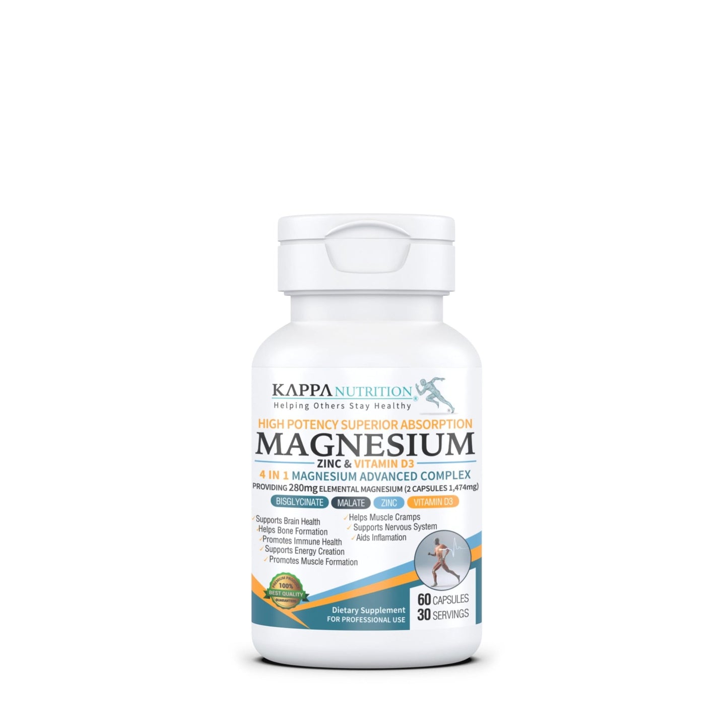 Kappa Nutrition Magnesium 4-in-1, 280mg Elemental Magnesium (Bisglycinate, Malate) + Zinc & Vitamin D3, Brain, Sleep, Energy, Muscle, Immune Support, 60 Vegan Capsules. - dailyvitalstore